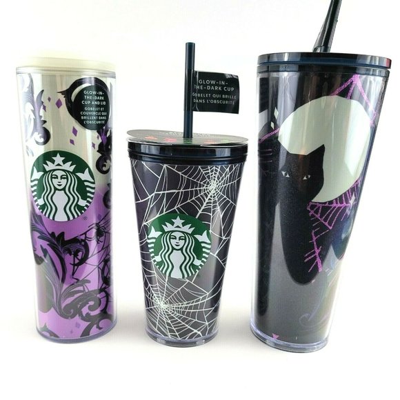 2021 Set of 3 NEW STARBUCKS Halloween Fall Glow in the Dark Cat Spider Tumblers
